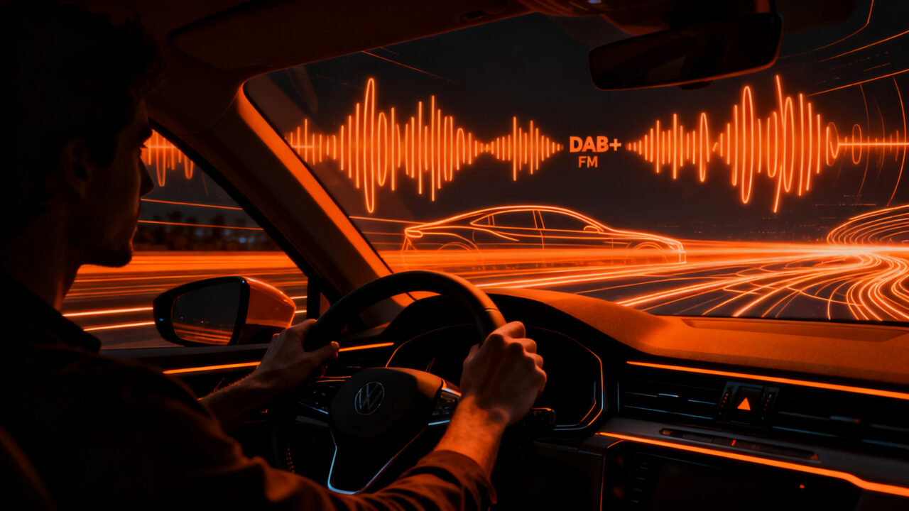 Representación visual de la integración de radio FM y DAB+ en el tablero de un coche moderno, impulsando la regulación europea.