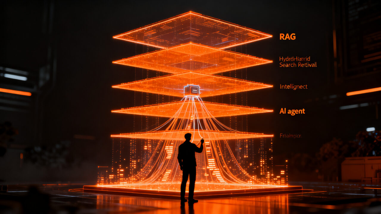 Arquitectura de RAG en producción para IA empresarial, mostrando capas de recuperación de datos y agentes inteligentes.