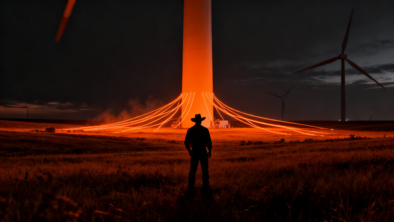 Granjero de Kansas frente a un parque eólico, representando la diversificación de ingresos y la innovación rural en energía sostenible.
