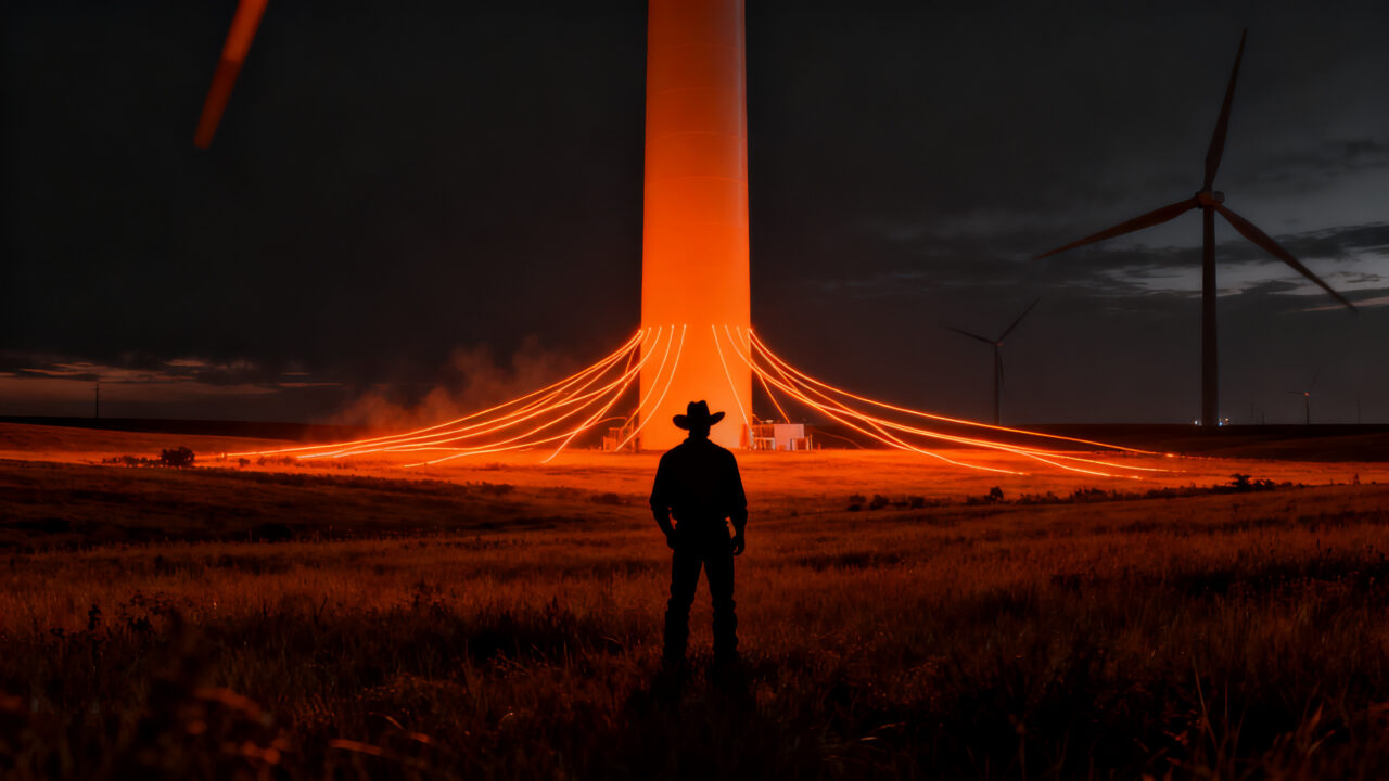 Granjero de Kansas frente a un parque eólico, representando la diversificación de ingresos y la innovación rural en energía sostenible.