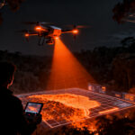 Drones autónomos con IA y sensores térmicos detectando incendios forestales en la noche, tecnología desarrollada por startup chilena RCT Drones.
