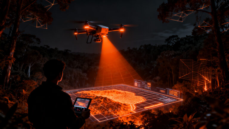 Drones autónomos con IA y sensores térmicos detectando incendios forestales en la noche, tecnología desarrollada por startup chilena RCT Drones.