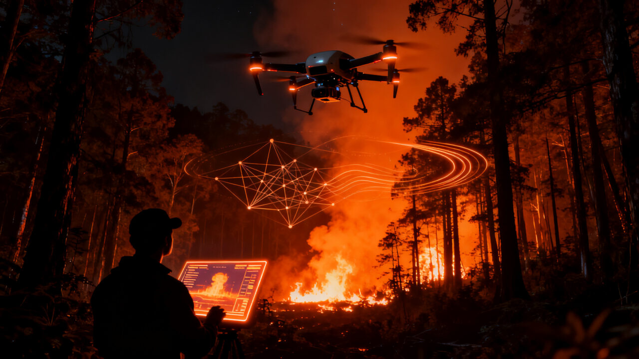 Startup chilena RCT Drones utiliza tecnología de inteligencia artificial y sensores térmicos para la detección autónoma de incendios forestales.