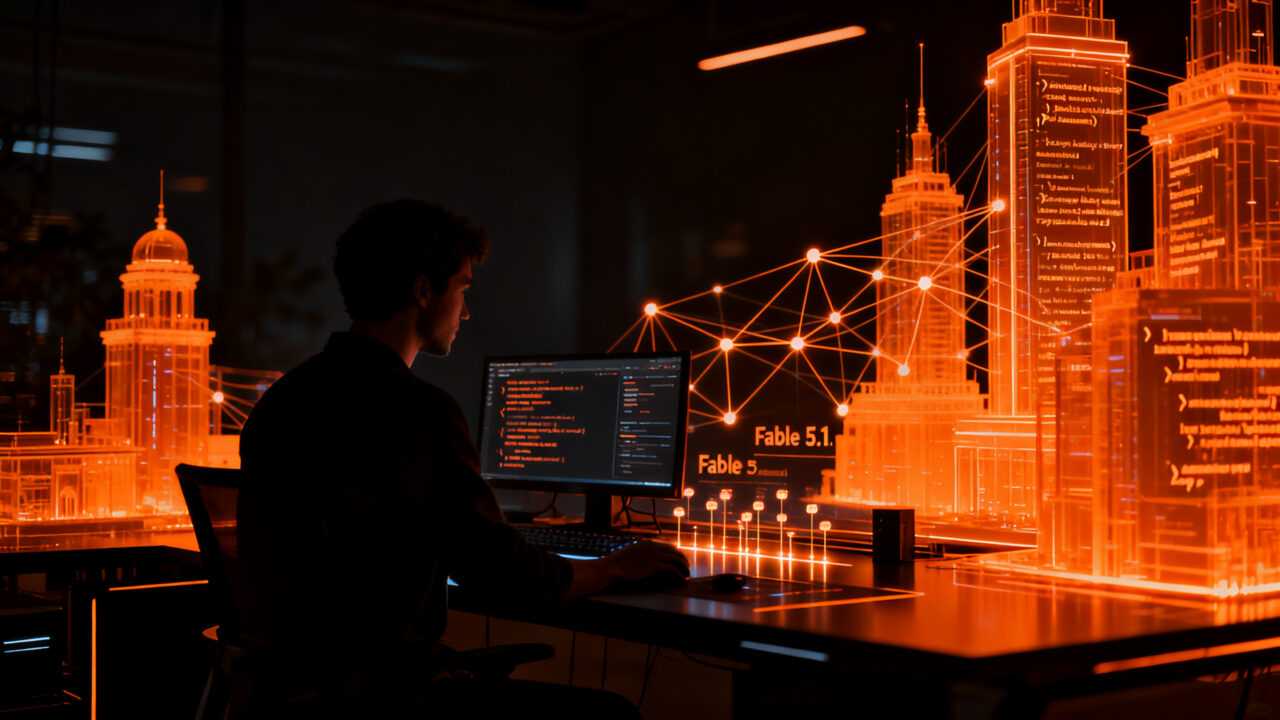 Un desarrollador analizando un sistema de agentes de IA en un entorno de código complejo, destacando la evaluación de modelos en benchmarks como Real-SWE.