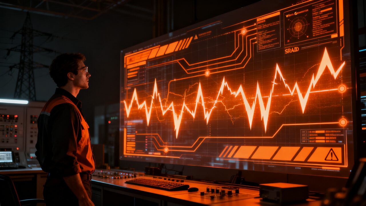 Un ingeniero eléctrico observa una red de distribución de energía en crisis, representando la estabilidad del sistema eléctrico y la respuesta activa a la demanda de Red Eléctrica.