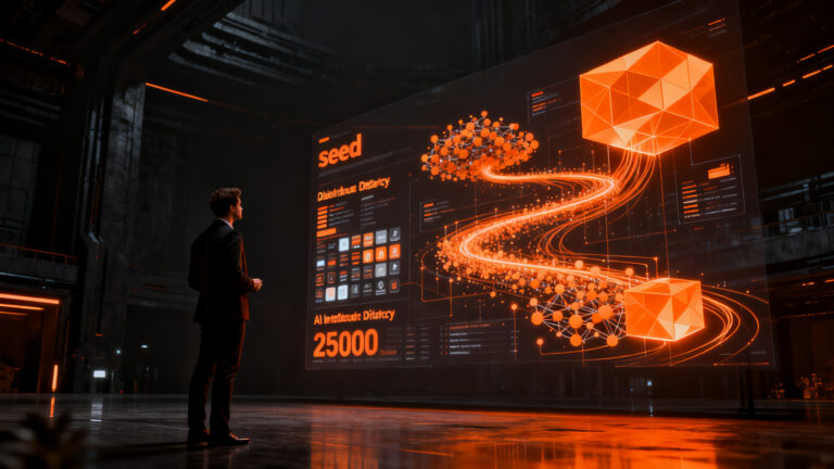 Análisis de inversión seed: emprendedor revisando métricas de crecimiento y estrategia de IA en un entorno futurista.