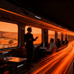 Emprendedores y grandes inversores realizando networking en un tren de alta velocidad, representando la innovación abierta y el Pitch Train de Renfe.