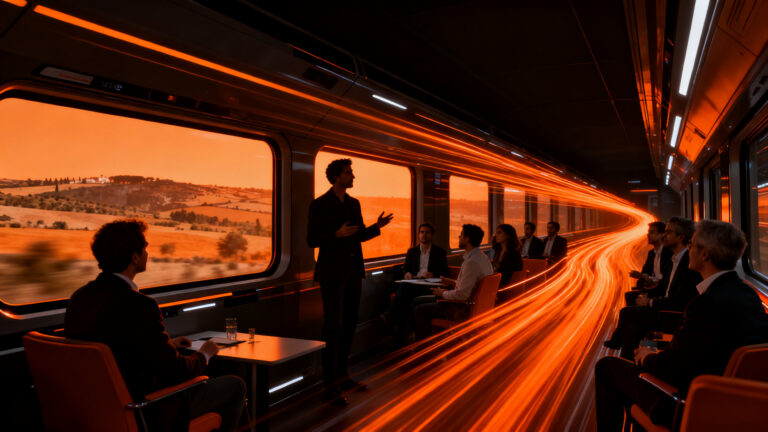 Emprendedores y grandes inversores realizando networking en un tren de alta velocidad, representando la innovación abierta y el Pitch Train de Renfe.
