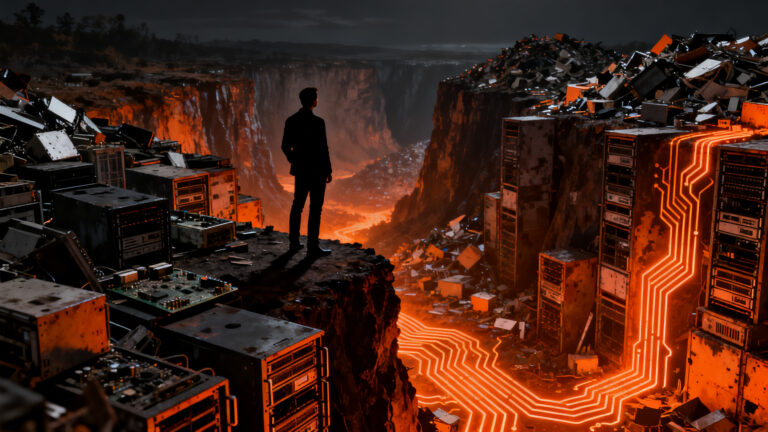 Impacto ambiental de la basura electrónica generada por la inteligencia artificial y los centros de datos hacia 2050.