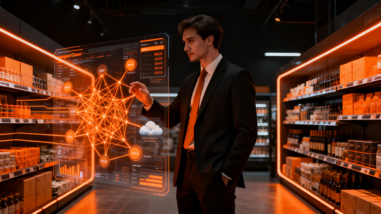Transformación digital y omnicanalidad en el retailtech de 2026, mostrando a un ejecutivo gestionando datos y stock en tiempo real.