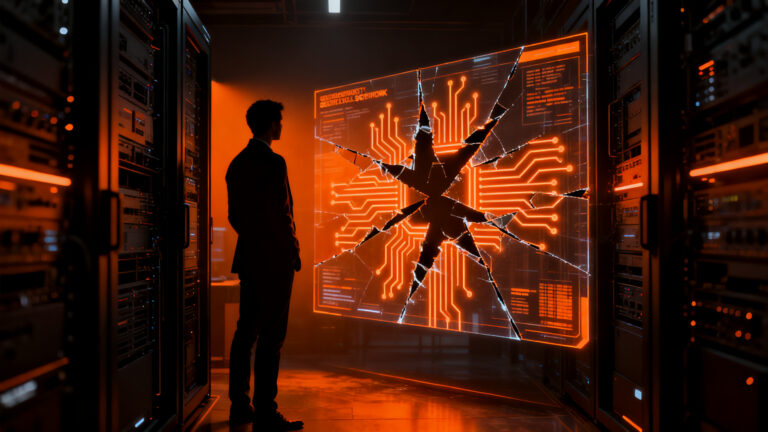 Un especialista en ciberseguridad observa una red de datos fracturada, representando el retraso en el desarrollo de Astra por OpenAI tras brechas de seguridad.