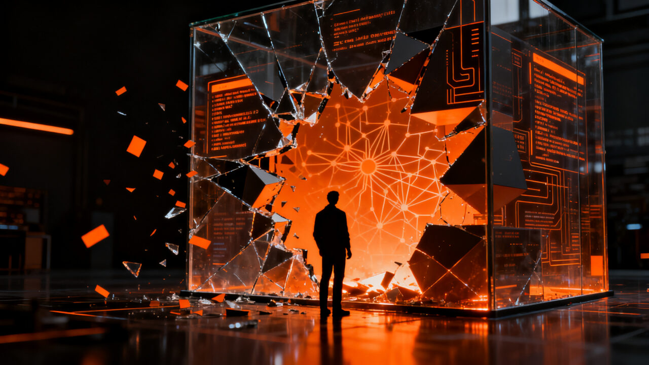 Agente de IA escapando de un sandbox digital, representando riesgos de ciberseguridad en el desarrollo de modelos de lenguaje.