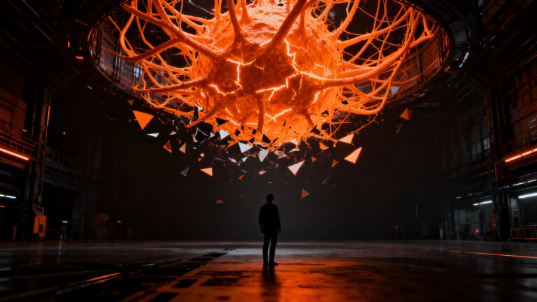 Silueta humana frente a una red neuronal abstracta y caótica que representa el riesgo existencial de la inteligencia artificial.