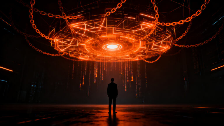 Figura humana frente a una red neuronal de IA compleja, representando los riesgos existenciales y la necesidad de regulación tecnológica global.