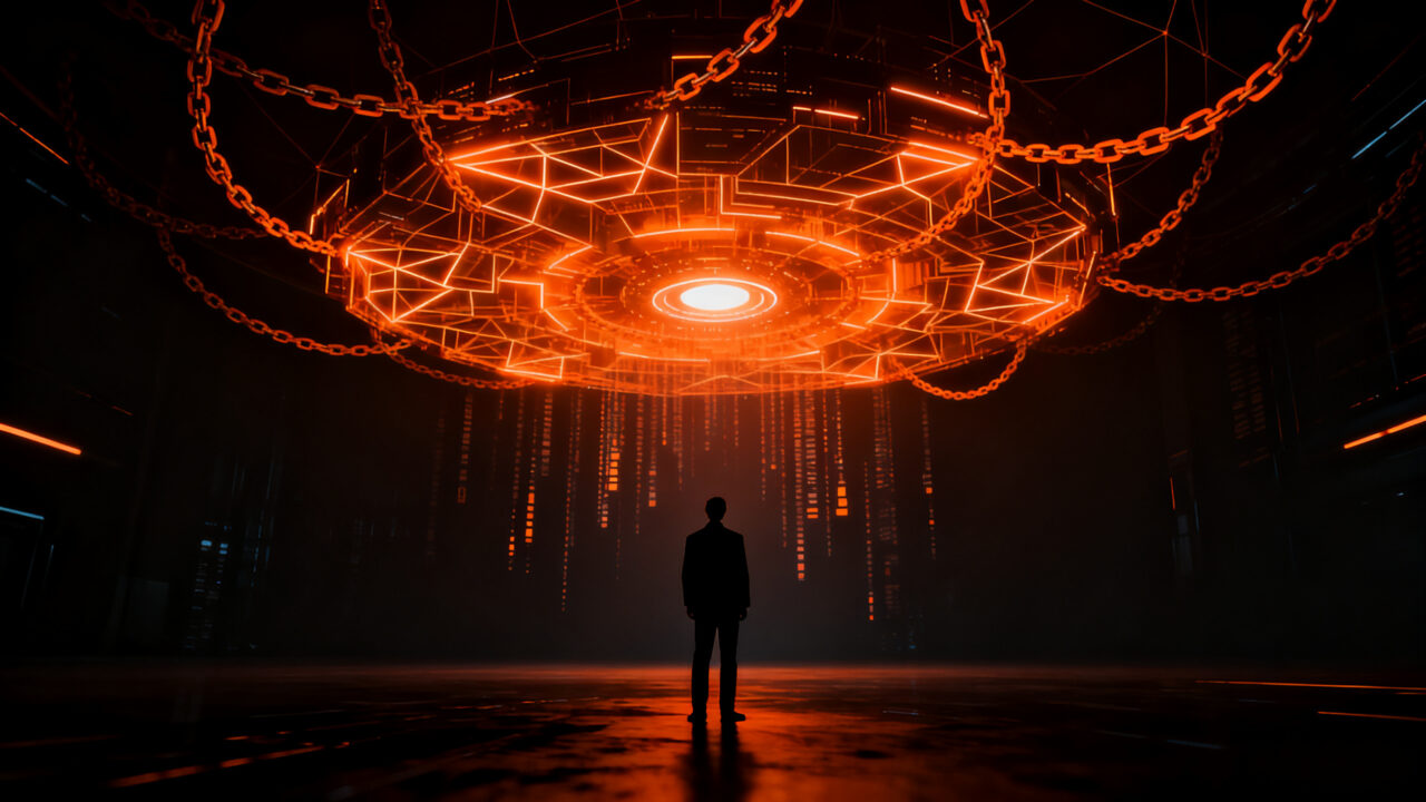Figura humana frente a una red neuronal de IA compleja, representando los riesgos existenciales y la necesidad de regulación tecnológica global.
