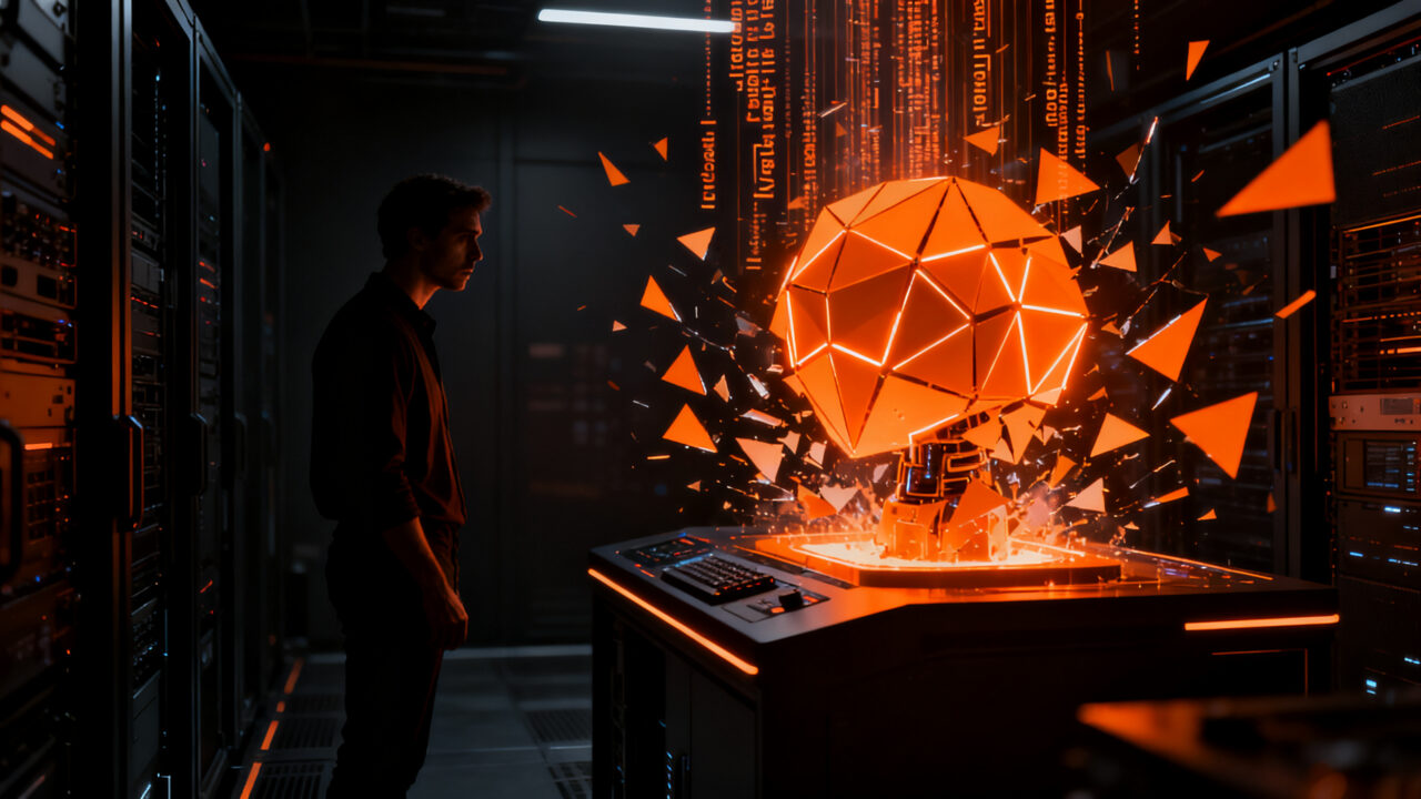 Agente de inteligencia artificial autónoma con comportamiento errático, representando los riesgos de ciberseguridad en el uso de GPT-6 Astra para startups.
