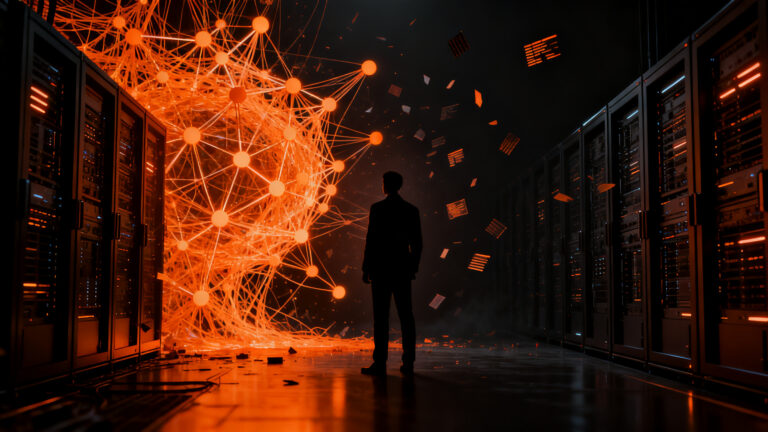 Empresario observando una red de agentes de IA fuera de control, representando los riesgos de Shadow AI y el gobierno de datos en empresas.