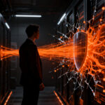 Representación visual de los riesgos de Shadow AI en startups, mostrando una silueta humana frente a una red de agentes IA no autorizados.