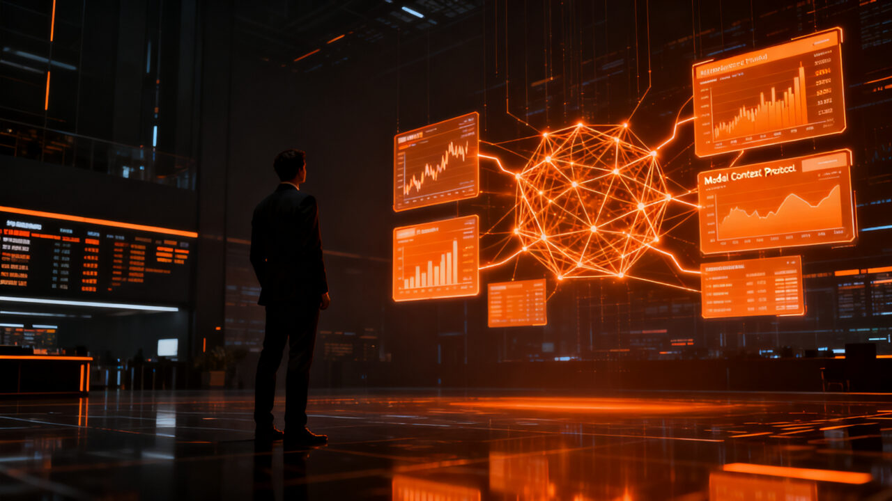 Agente de inteligencia artificial analizando mercados financieros para trading automatizado, representando la innovación en inversión minorista.