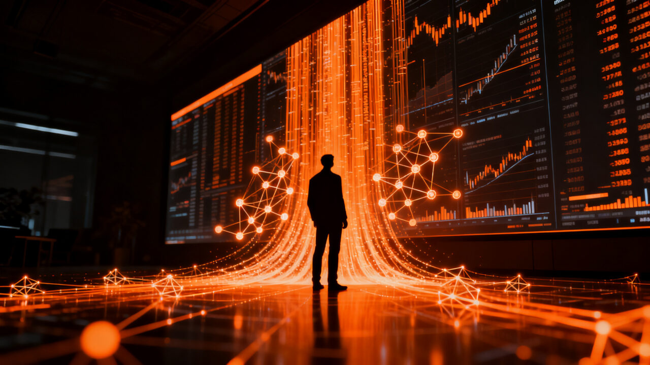 Agente de inteligencia artificial analizando datos financieros y trading automatizado en plataformas fintech.