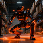 Robot humanoide Digit 5 de Agility Robotics trabajando en un almacén automatizado, destacando su seguridad industrial.