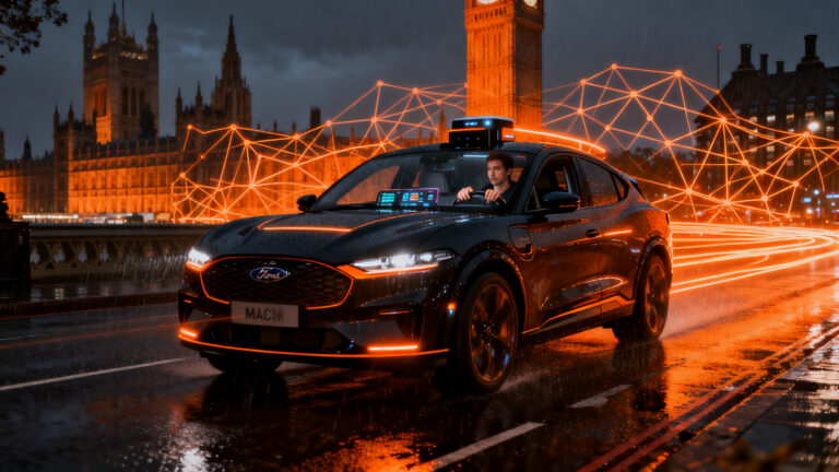 Robotaxi de Uber y Wayve circulando por las calles de Londres con conductor, representando el futuro de la conducción autónoma en Europa.