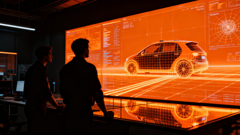 Ingenieros analizando seguridad de vehículos autónomos y robotaxis mediante datos de vídeo, innovación en diseño UX.