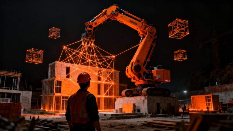 Automatización robótica en la construcción impulsada por IA, representando el crecimiento de la inversión en proptech y tecnología industrial.