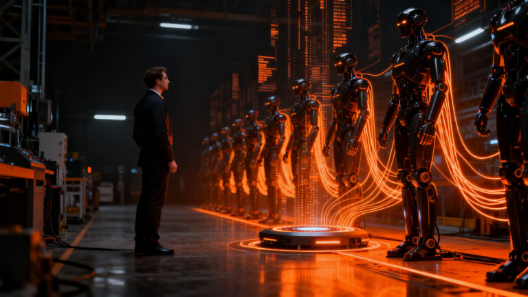Un ingeniero observando una línea de ensamblaje de robots humanoides, representando el crecimiento de la automatización y la inversión en robótica.
