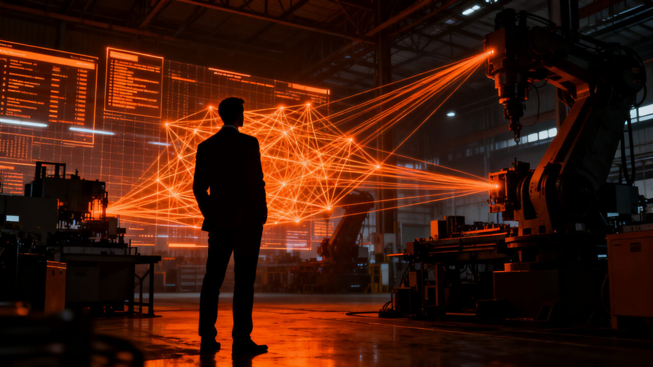 Estratega industrial supervisando redes de automatización con IA y ciberseguridad avanzada en un entorno tecnológico de alto nivel.