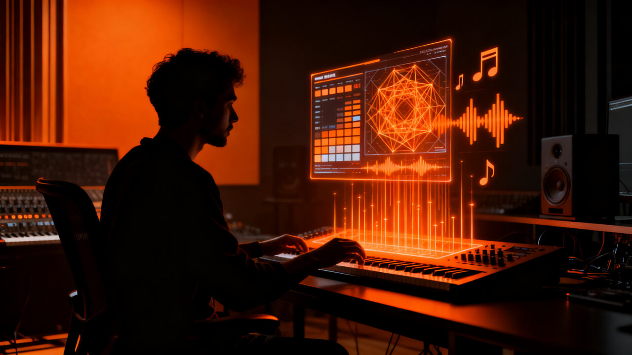 Productor musical utilizando el plugin de IA Roland Melody Flip en un entorno de estudio profesional.