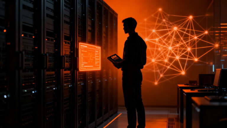 Ingeniero de software frente a una consola de control, representando la paradoja de la automatización y la gestión de incidentes en la era de la IA.