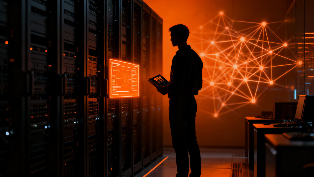Ingeniero de software frente a una consola de control, representando la paradoja de la automatización y la gestión de incidentes en la era de la IA.