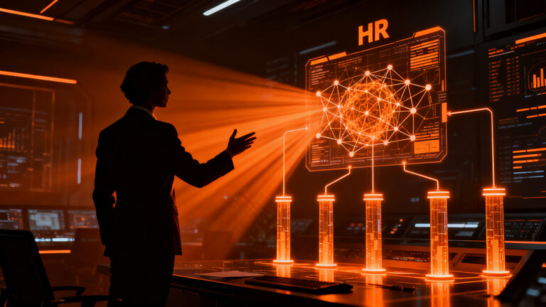 Líder de Recursos Humanos gestionando redes de inteligencia artificial para la transformación digital y formación del talento en empresas.