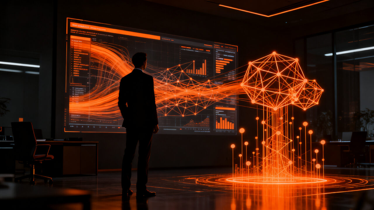 CEO analizando datos e inteligencia artificial para la toma de decisiones estratégicas en empresas.