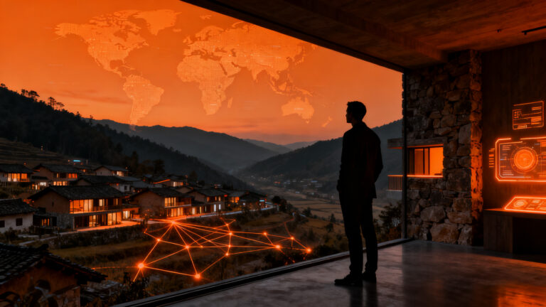 Founder trabajando en un campus residencial en un entorno rural de Ourense, representando el proyecto Rural Valley para startups digitales.