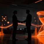 Emprendedores intercambiando servicios en un ecosistema digital de trueque, representando el crecimiento y expansión internacional de la startup SACO.