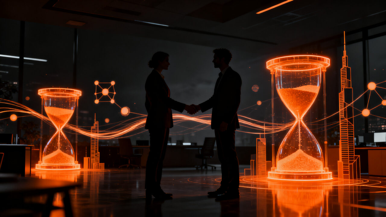 Emprendedores intercambiando servicios en un ecosistema digital de trueque, representando el crecimiento y expansión internacional de la startup SACO.