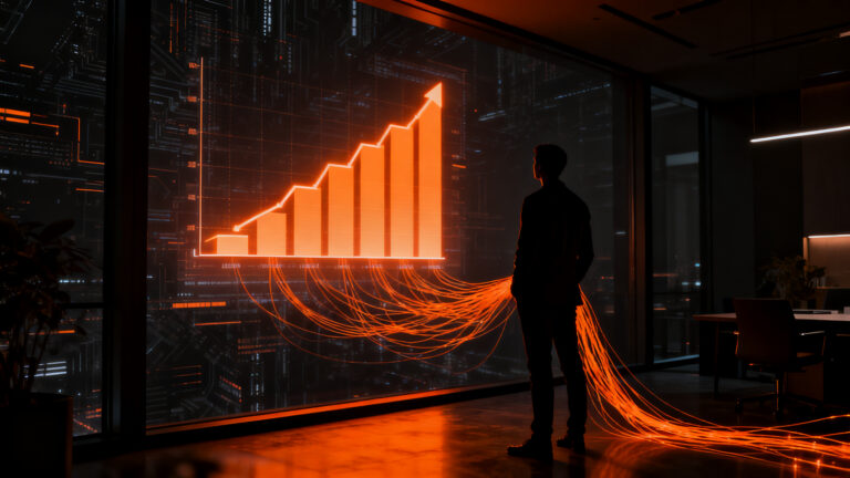 Gráfico financiero ascendente y silueta de empresario analizando datos económicos en Argentina, reflejando la recuperación salarial frente a la inflación.