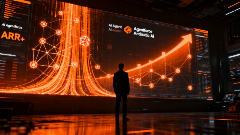 Crecimiento financiero de Salesforce con Agentforce y Data 360, representando la expansión de agentes de IA y analítica de datos.