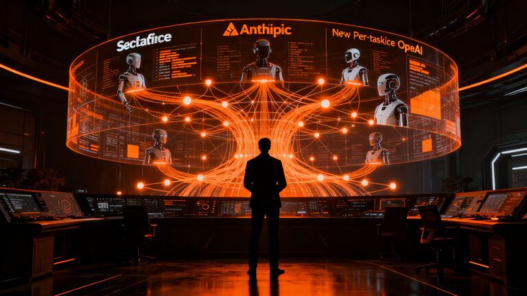 Líder empresarial frente a una red de agentes de IA, representando la integración de Salesforce, Anthropic y OpenAI en Dreamforce 2026.