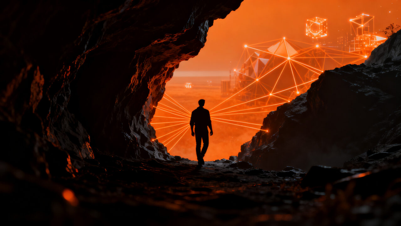 Emprendedor saliendo de una cueva oscura hacia la luz de la validación de mercado y el crecimiento startup.