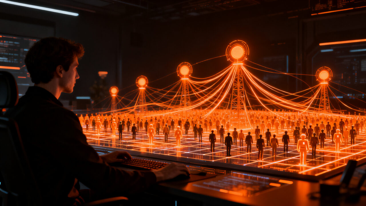 Agentes de inteligencia artificial operando en infraestructura de telecomunicaciones, representando la fuerza de trabajo digital del futuro en el ecosistema startup.