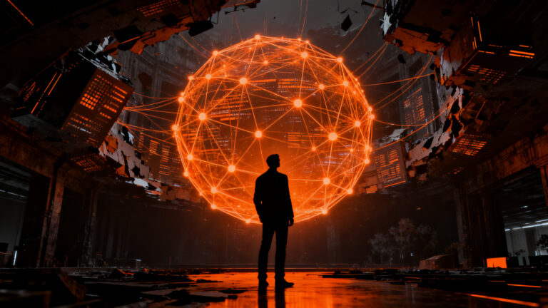 Sam Altman frente a una red de seguridad de IA, representando los desafíos legales y de ciberseguridad de OpenAI.
