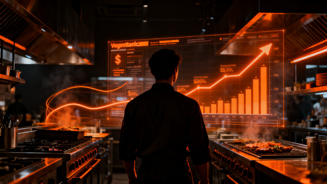 Gestión de modelo de negocio en gastronomía: emprendedor analizando datos financieros en un restaurante vegetariano.