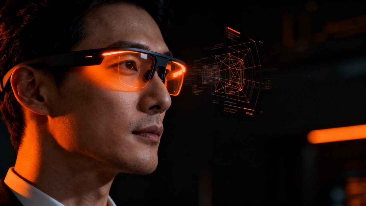 Persona usando gafas inteligentes Samsung Haean con pantalla a color, representando la evolución de la realidad aumentada en wearables para 2027.