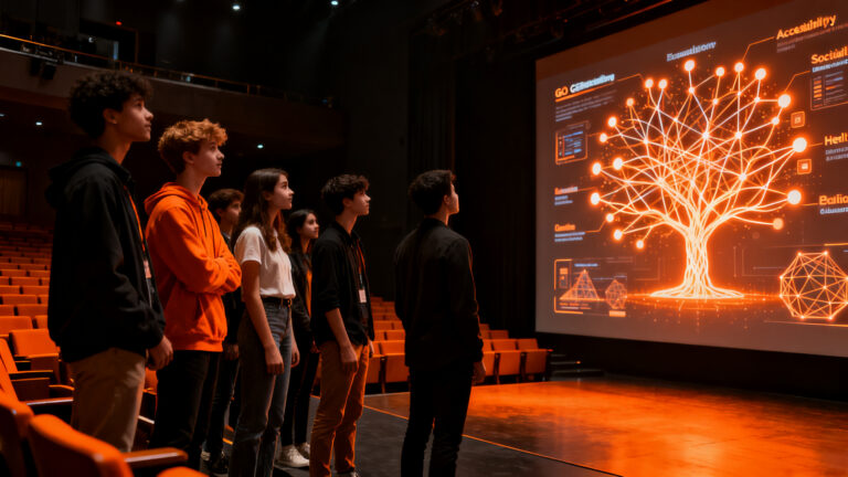 Expertos y estudiantes debatiendo sobre el impacto social de la inteligencia artificial en el Samsung Innovation Campus en Madrid.