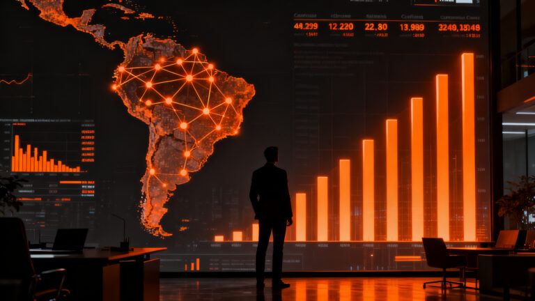 Estratega financiero analizando gráficos de deuda latinoamericana y acciones tecnológicas ante la política de la Fed.
