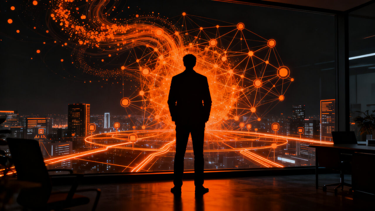 Representación visual de la empresa autónoma con SAP Joule y agentes de IA, impulsando la automatización corporativa y la innovación en startups.