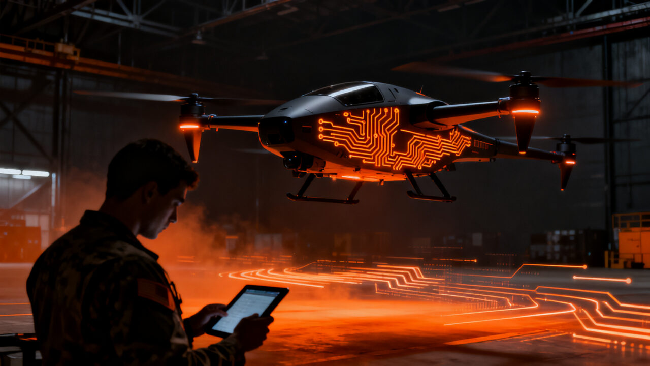 Dron autónomo con IA de borde para defensa, representando el despliegue de tecnología militar avanzada en drones sin dependencia de la nube.